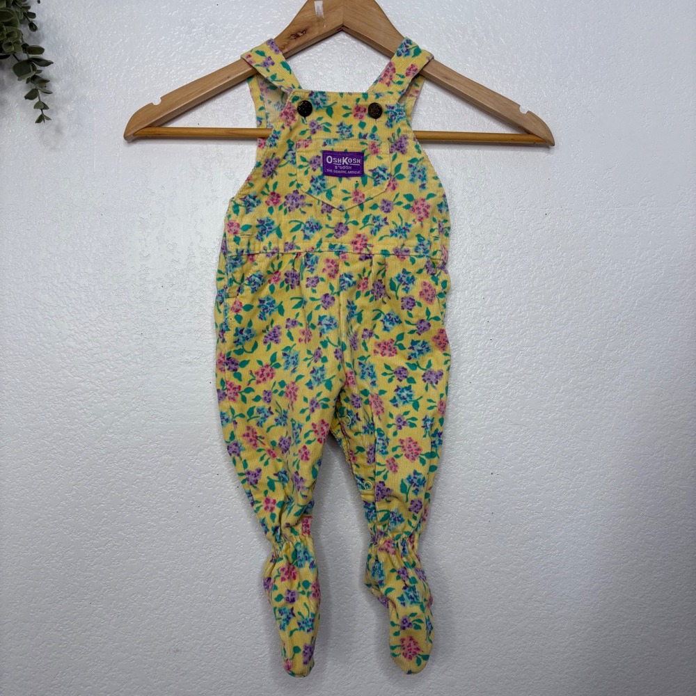 OshKosh Bgosh Vintage Yellow Floral Corduroy Vestbak Footed Overalls 6/9 Months